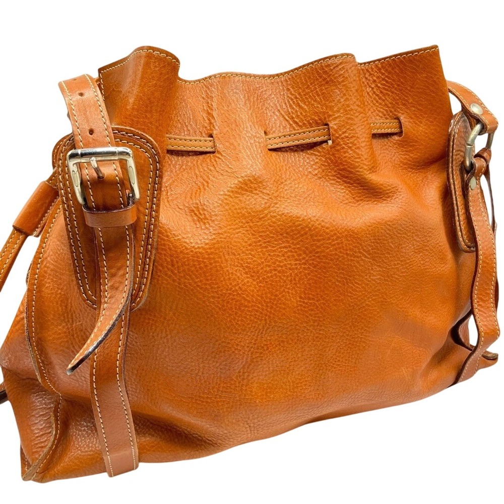 Donatello Firenze Cognac Brown Pebbled Leather Bucket Tote Drawstring Shoulder